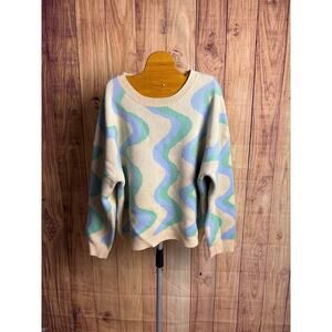 Altar'd State Crewneck Knit Sweater Wavy Cream Blue Women's Size M